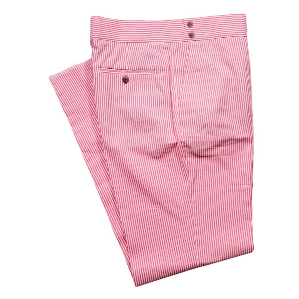 Mens Gurkha Pants 34 Pink White Stripe Cotton High Waist Straight Fit Flat Front